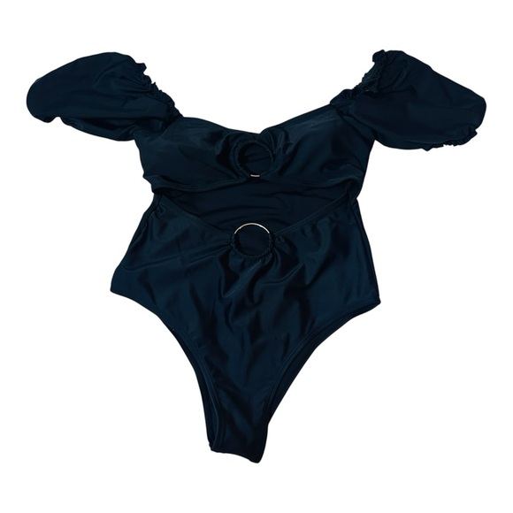SHEIN Black Off Shoulder One Piece Swimsuit Ring Cutout Bathing Suit Summer - Picture 1 of 3